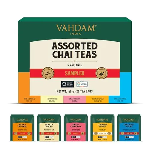 VAHDAM, Chai tee Probierset | 5 Geschmacksrichtungen, 20 Teebeutel | Teesortenpackung, Langblatt Pyramide Schwarzer Teebeutel | Geschenke Für Frauen & Männer | Chai Tee Sortiment