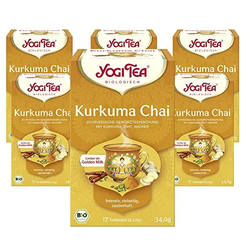 Yogi Tea - Kurkuma Chai, Ayurvedischer Bio Gewürztee - und Kräutertee, Ideal für Goldene Milch, Mischung aus Kurkuma, Zimt und Ingwer, Yogi Tee 6er Pack, 6x17 Beutel (102 Teebeutel insgesamt)